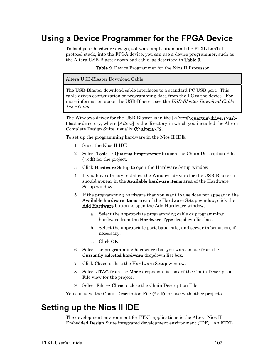 Using a device programmer for the fpga device, Setting up the nios ii ide | Echelon FTXL User Manual | Page 115 / 261