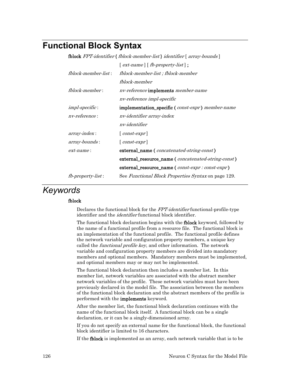 Functional block syntax, Keywords | Echelon FTXL User Manual | Page 138 / 261