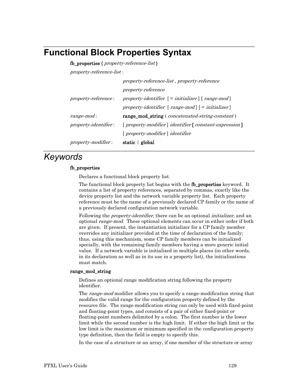 Functional block properties syntax, Keywords | Echelon FTXL User Manual | Page 141 / 261