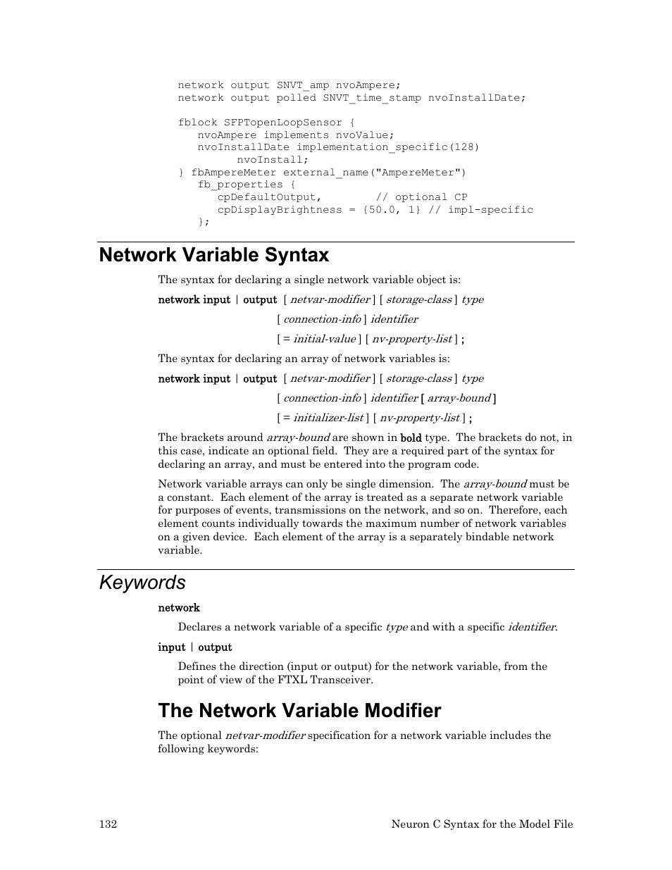 Network variable syntax, Keywords, The network variable modifier | 132 for the full n | Echelon FTXL User Manual | Page 144 / 261