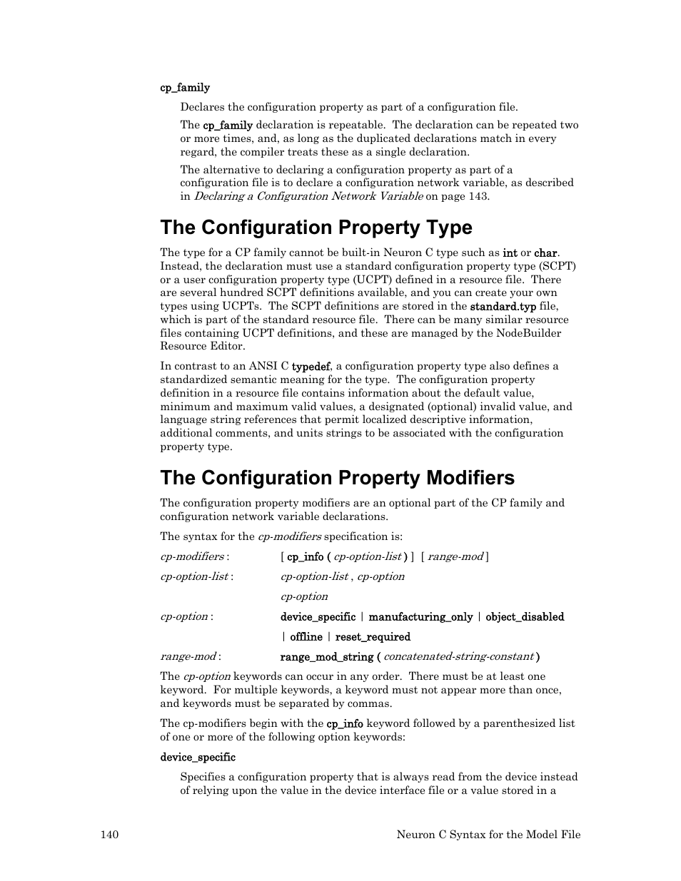 The configuration property type, The configuration property modifiers, 140 to | Echelon FTXL User Manual | Page 152 / 261