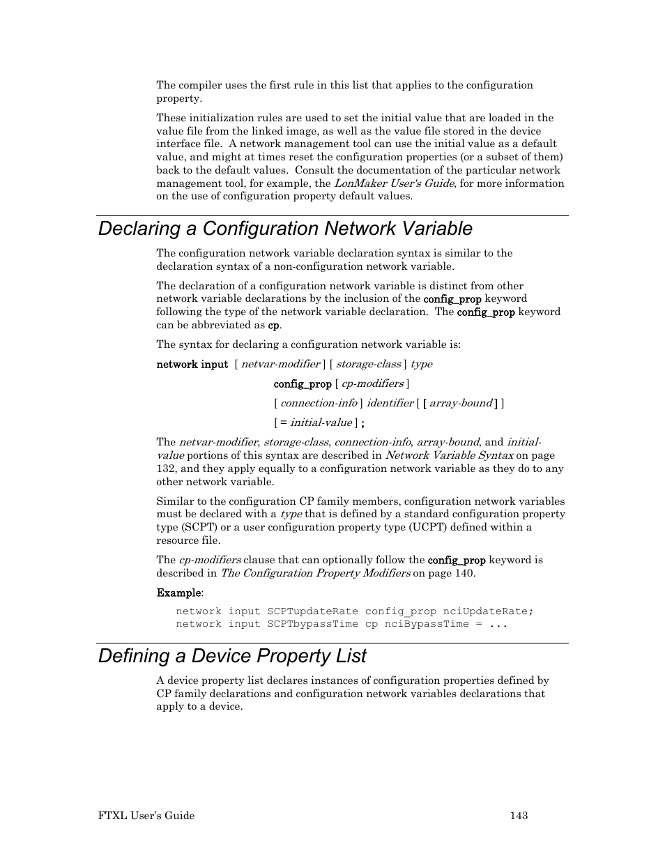 Declaring a configuration network variable, Defining a device property list, Declaring a | Configuration network variable, Ge 143 to | Echelon FTXL User Manual | Page 155 / 261