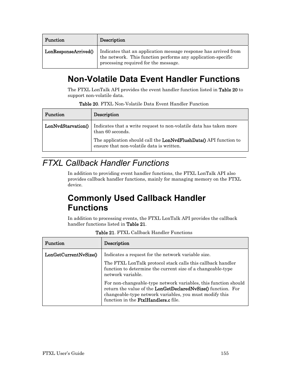 Ftxl callback handler functions, Non-volatile data event handler functions, Commonly used callback handler functions | Echelon FTXL User Manual | Page 167 / 261