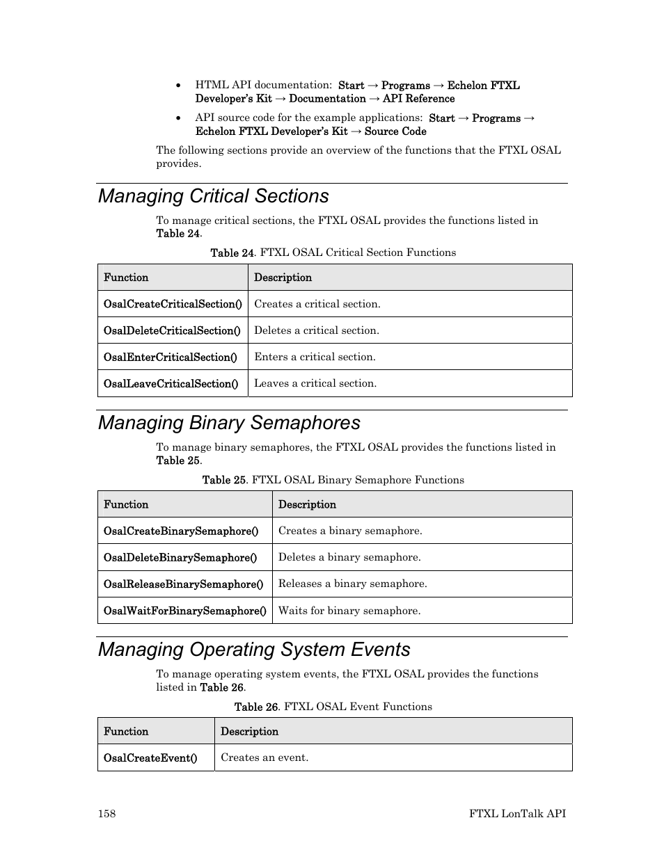 Managing critical sections, Managing binary semaphores, Managing operating system events | Echelon FTXL User Manual | Page 170 / 261