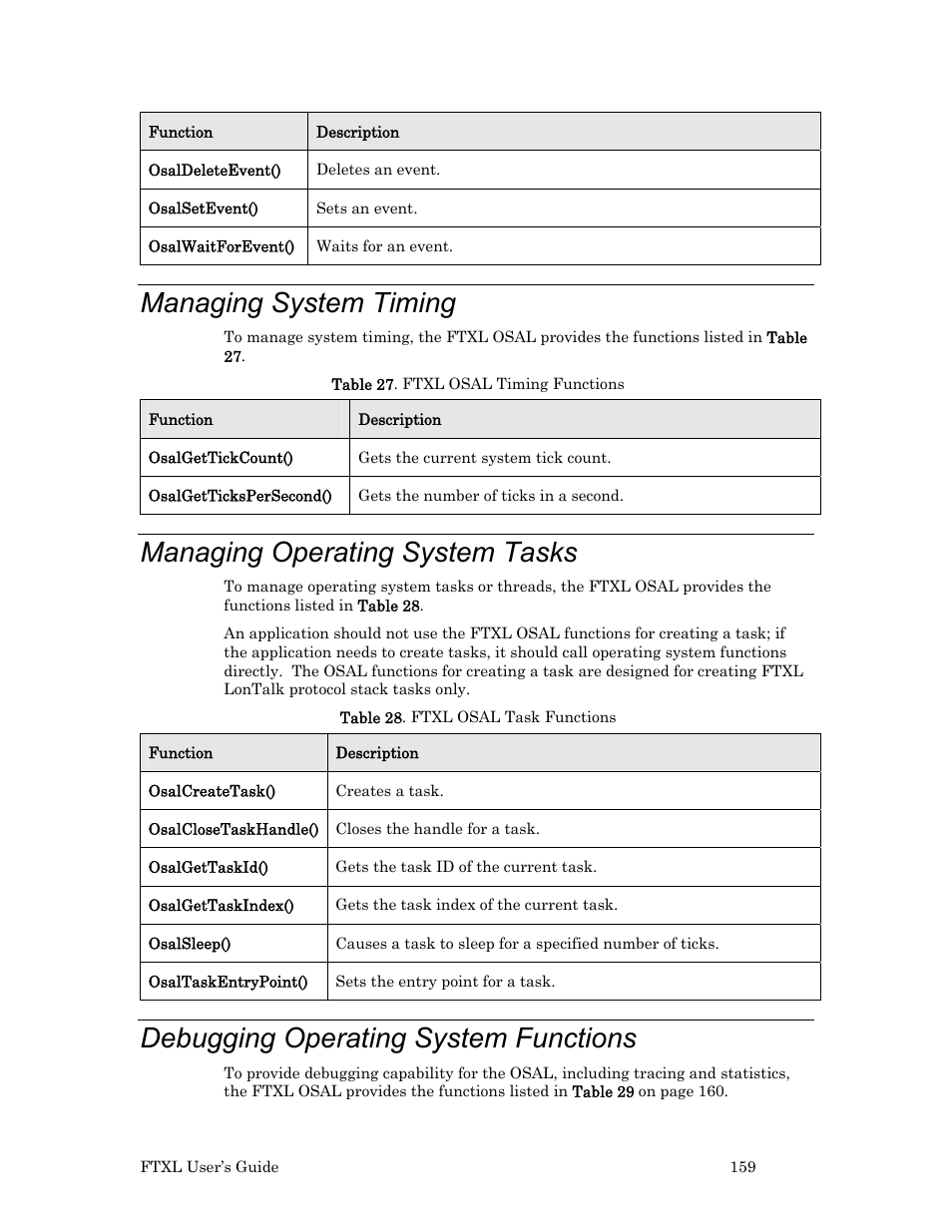 Managing system timing, Managing operating system tasks, Debugging operating system functions | Echelon FTXL User Manual | Page 171 / 261