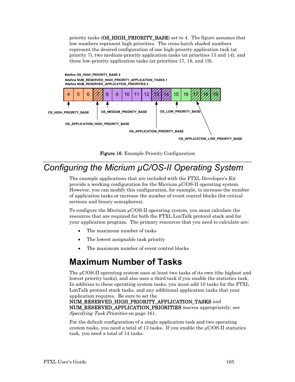 Configuring the micrium µc/os-ii operating system, Configuring the micrium μc/os-ii operating system, Maximum number of tasks | Configuring the micrium μc/os-ii, Operating system, 165, descr | Echelon FTXL User Manual | Page 177 / 261