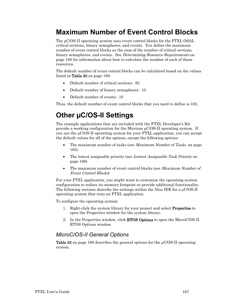 Microc/os-ii general options, Maximum number of event control blocks, Other μc/os-ii settings | Other µc/os-ii settings | Echelon FTXL User Manual | Page 179 / 261