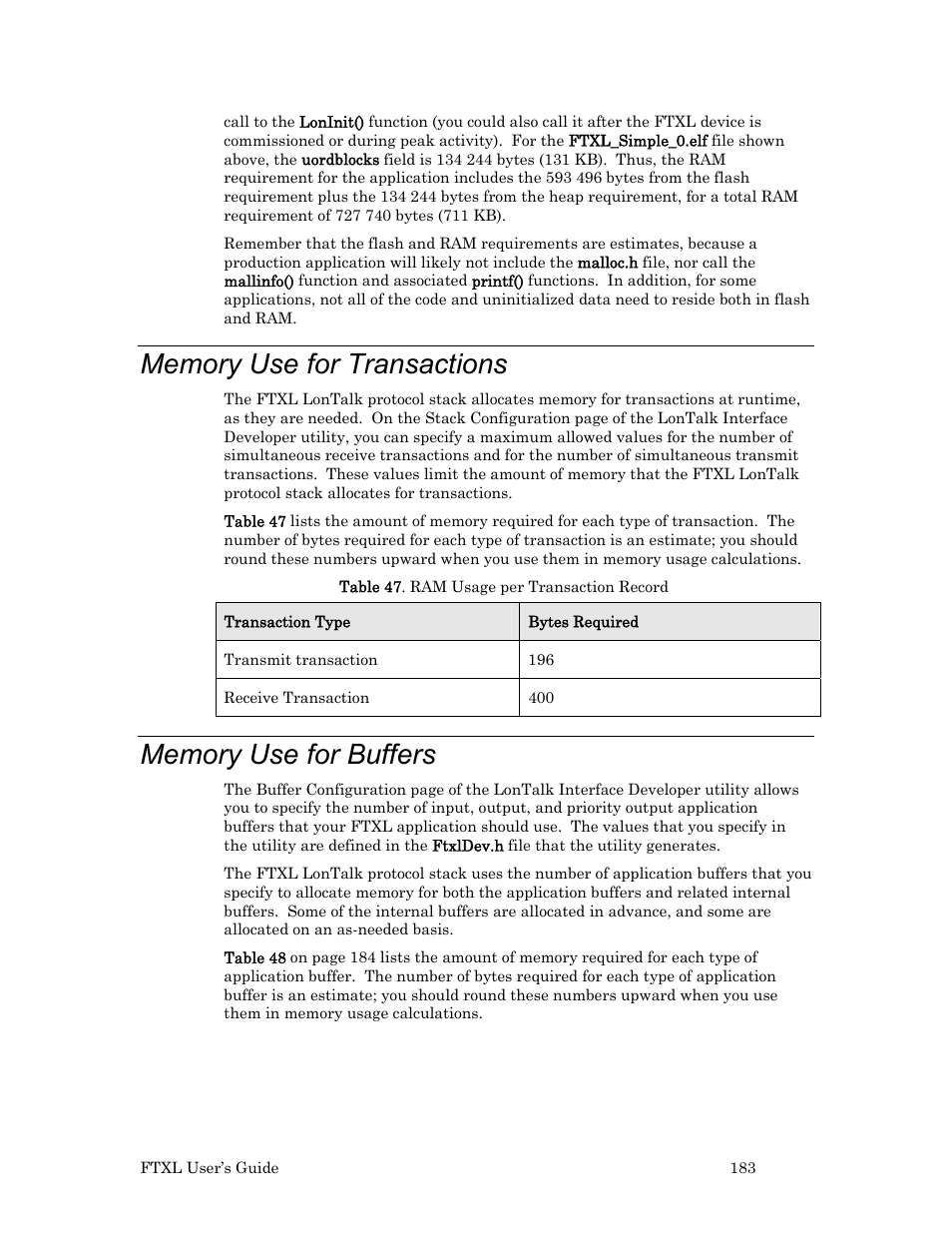 Memory use for transactions, Memory use for buffers | Echelon FTXL User Manual | Page 195 / 261