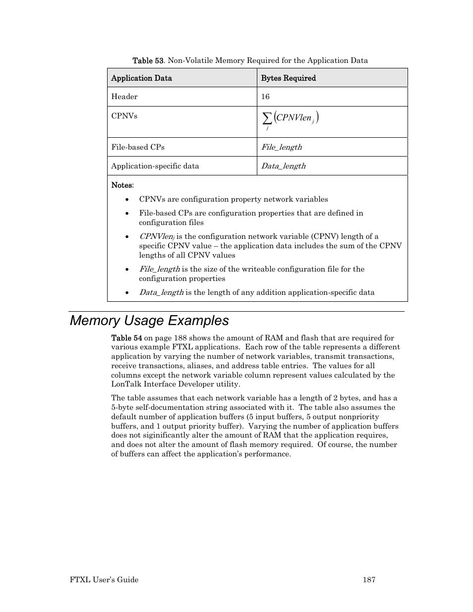 Memory usage examples, Table 53 on pag, 187 d | Echelon FTXL User Manual | Page 199 / 261