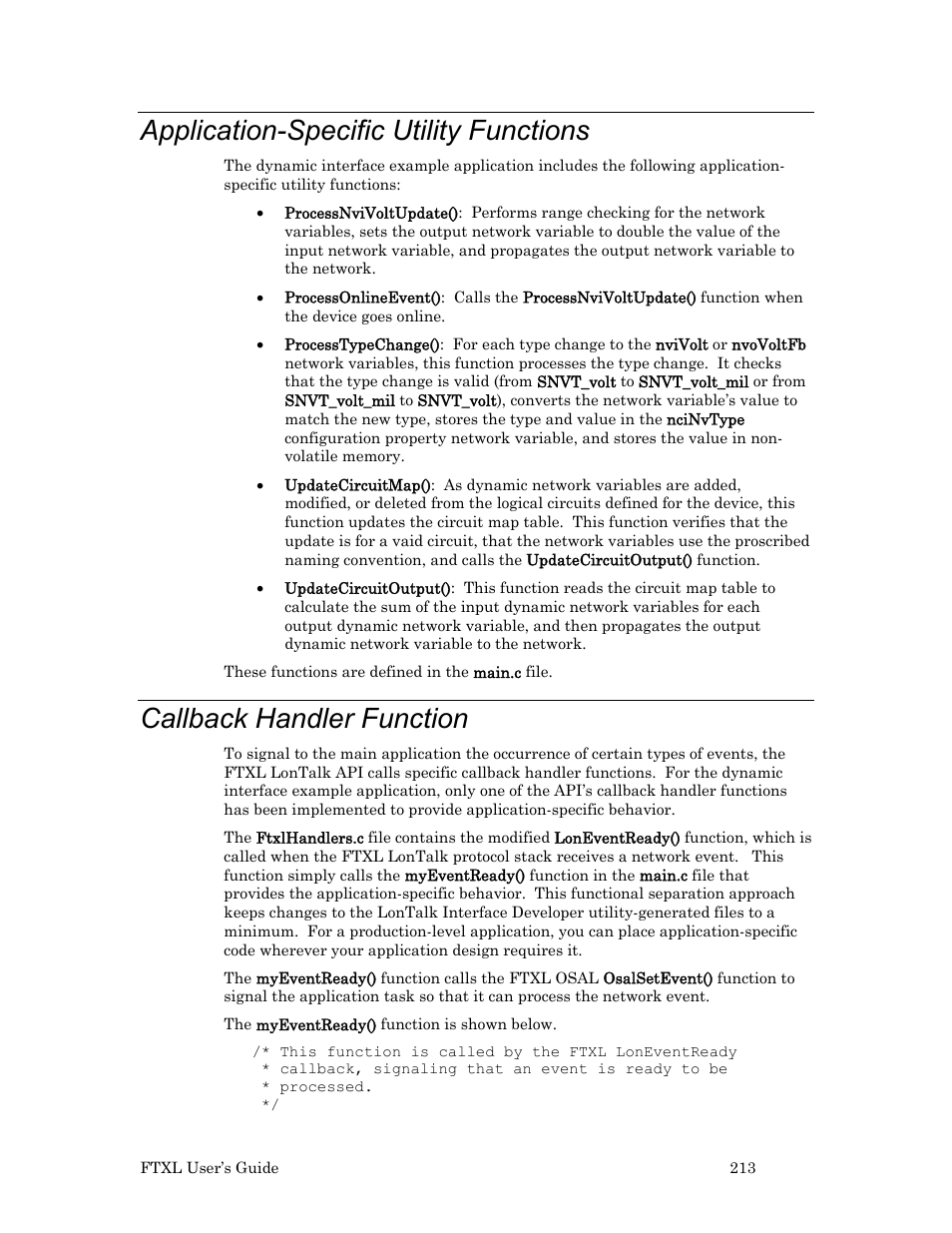 Application-specific utility functions, Callback handler function, Application-specific | Utility functions, 213 to ma | Echelon FTXL User Manual | Page 225 / 261