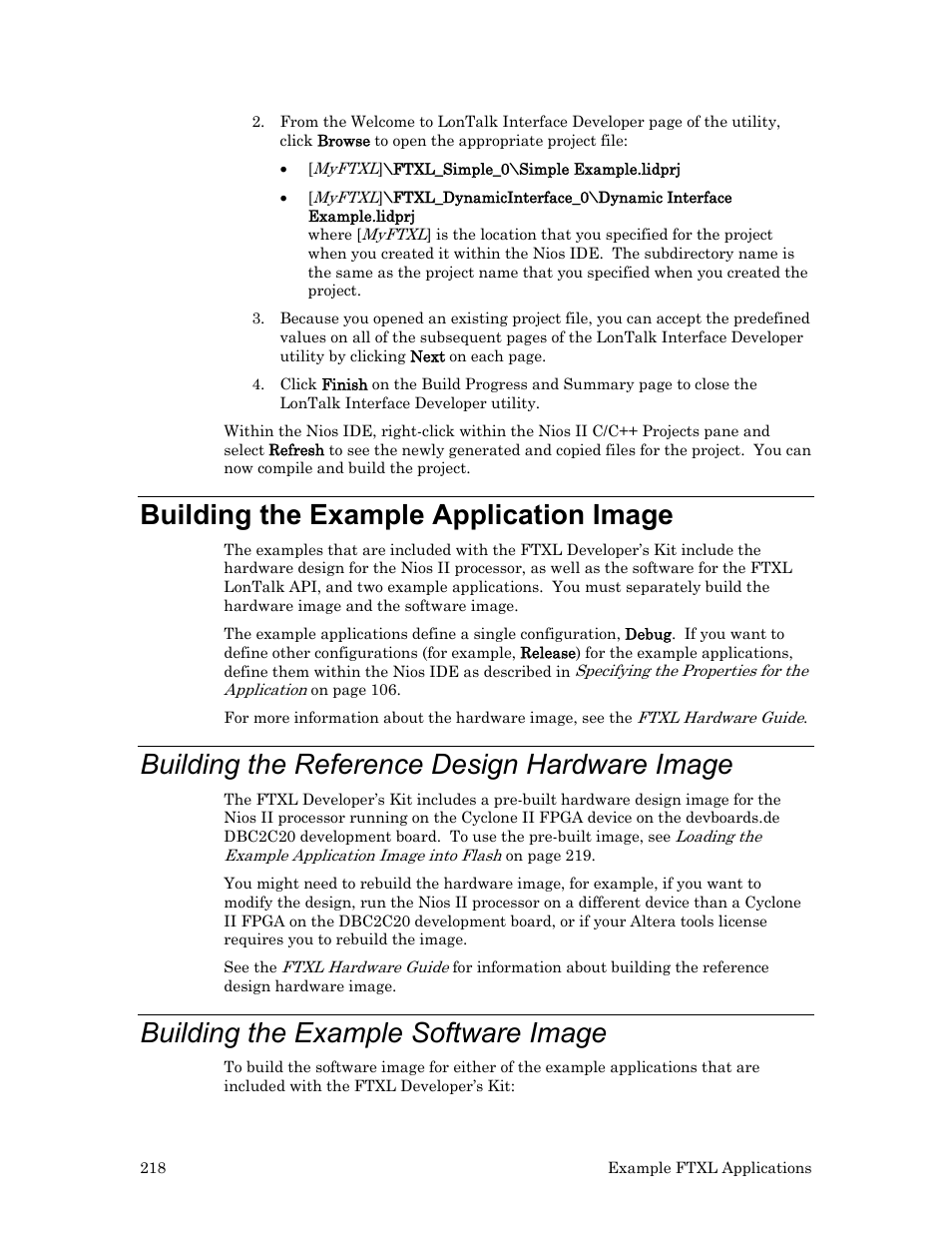 Building the example application image, Building the reference design hardware image, Building the example software image | Echelon FTXL User Manual | Page 230 / 261