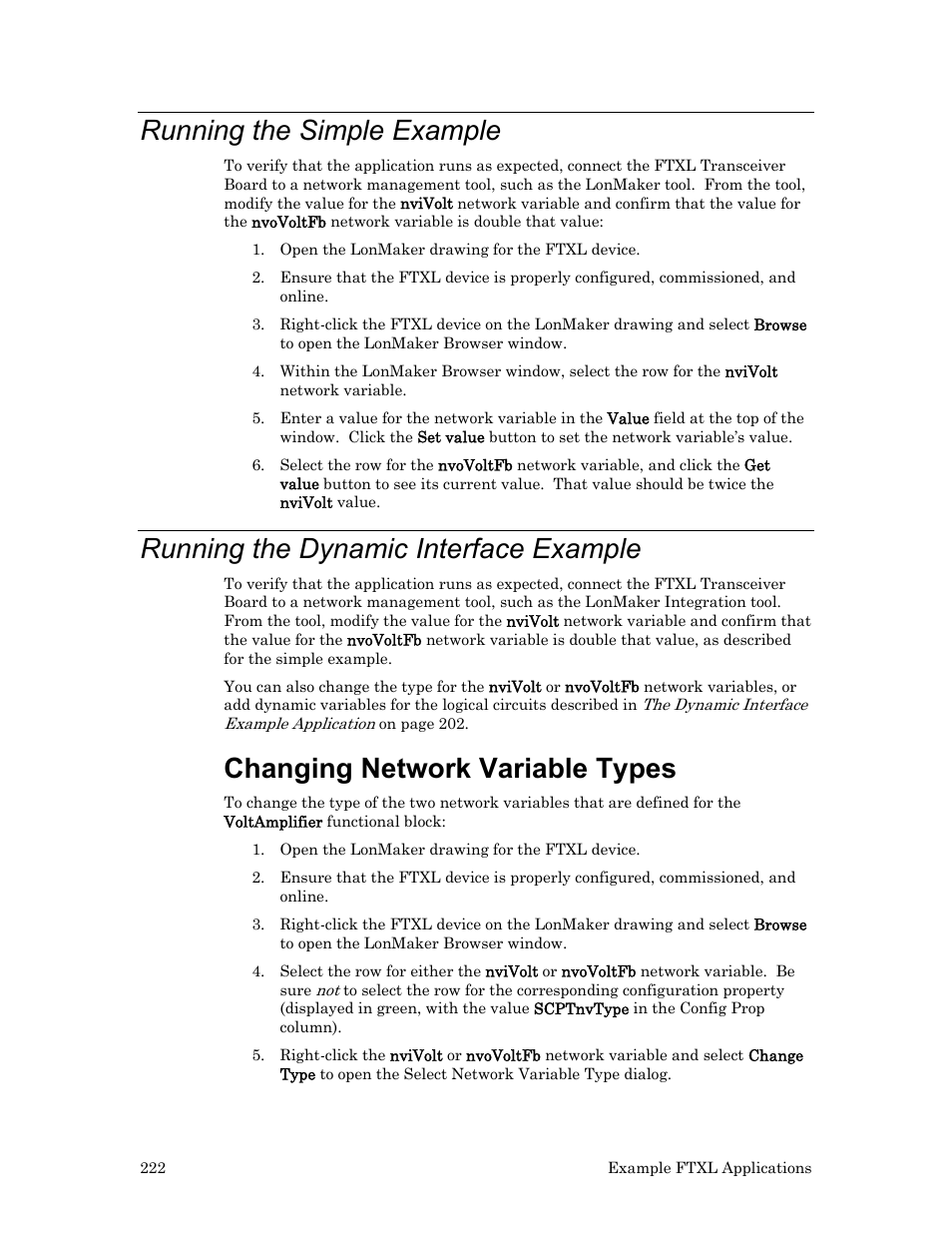 Running the simple example, Running the dynamic interface example, Changing network variable types | Echelon FTXL User Manual | Page 234 / 261