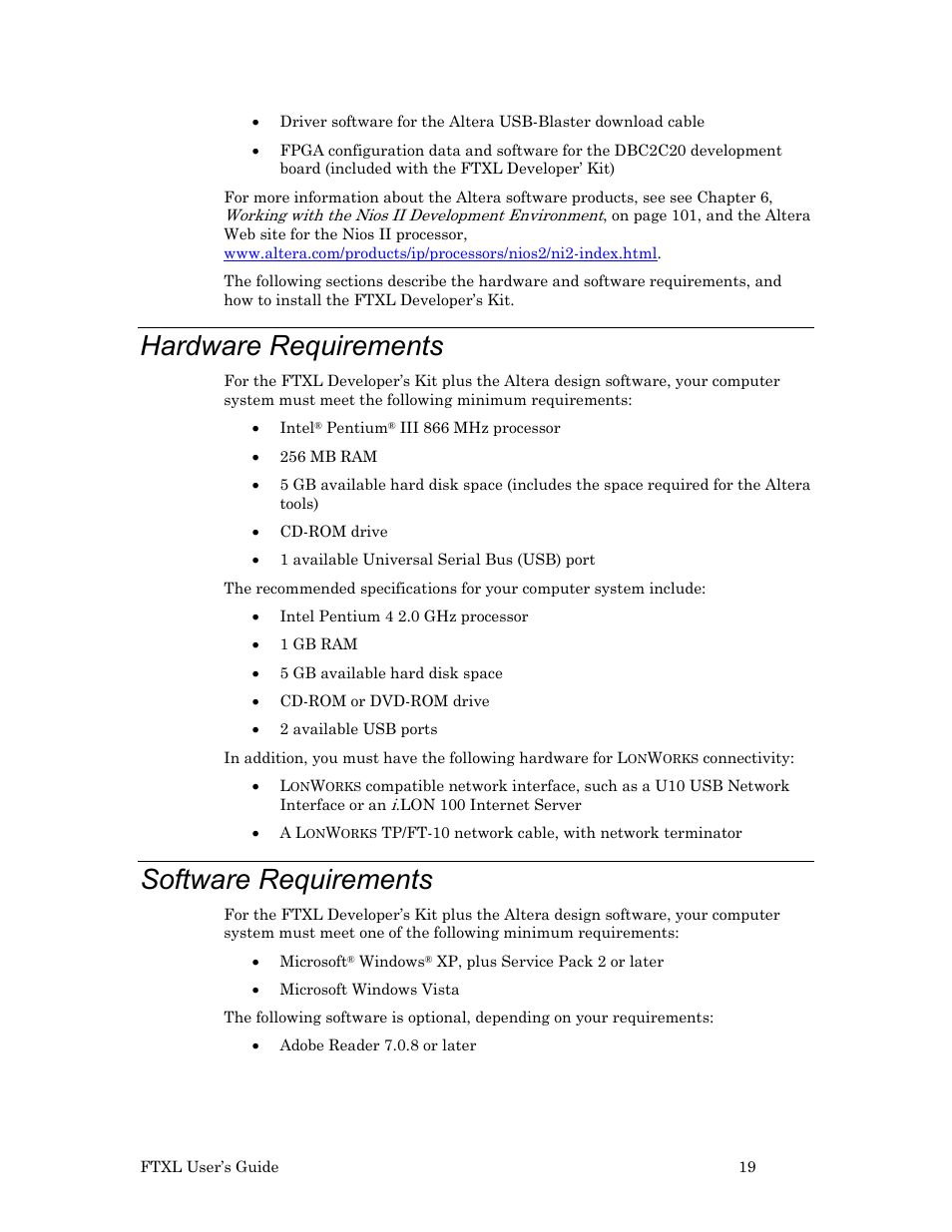 Hardware requirements, Software requirements | Echelon FTXL User Manual | Page 31 / 261