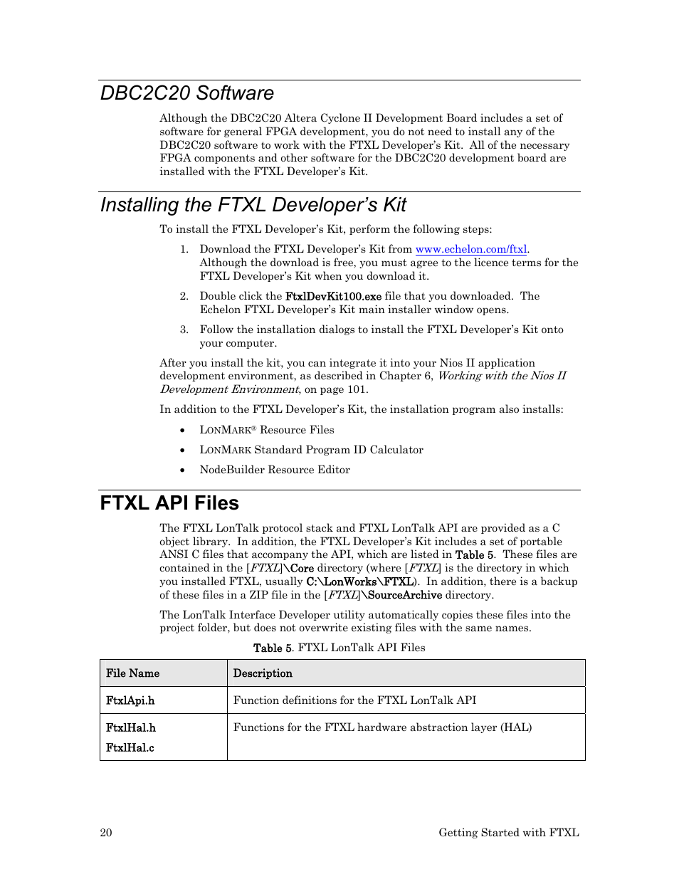 Dbc2c20 software, Installing the ftxl developer’s kit, Ftxl api files | Echelon FTXL User Manual | Page 32 / 261