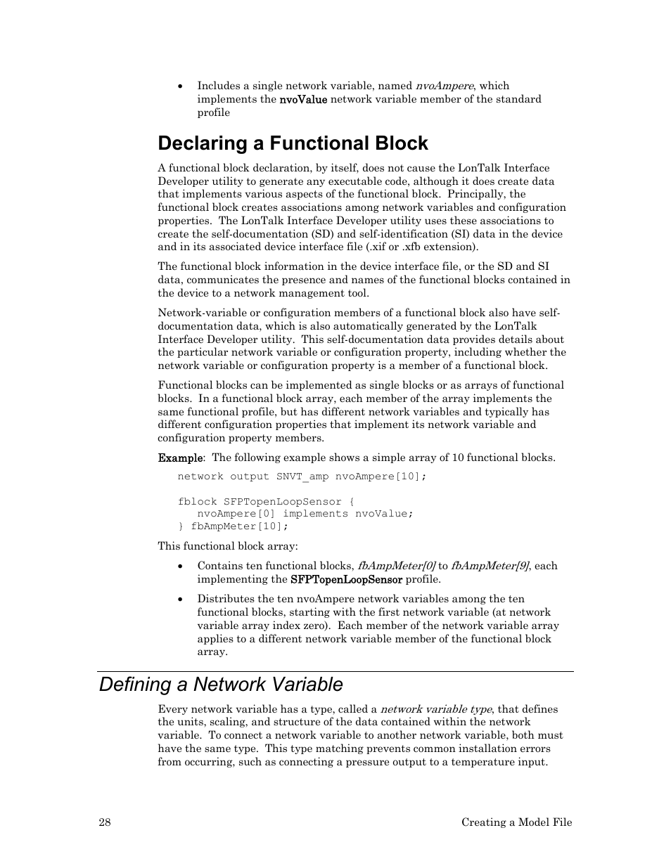 Defining a network variable, Declaring a functional block | Echelon FTXL User Manual | Page 40 / 261