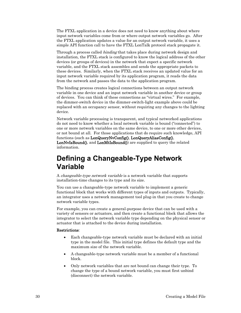 Defining a changeable-type network variable, 30 for more | Echelon FTXL User Manual | Page 42 / 261