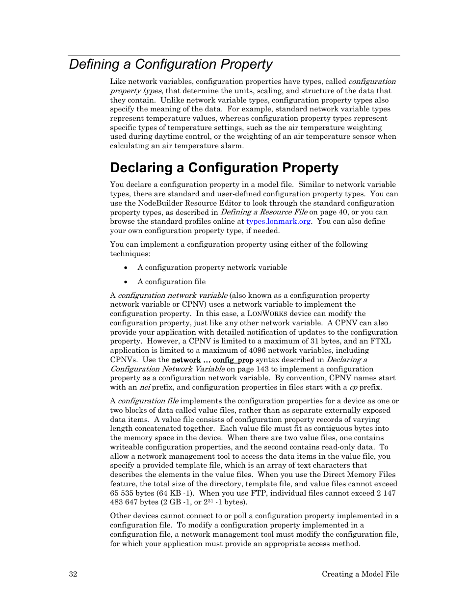 Defining a configuration property, Declaring a configuration property | Echelon FTXL User Manual | Page 44 / 261