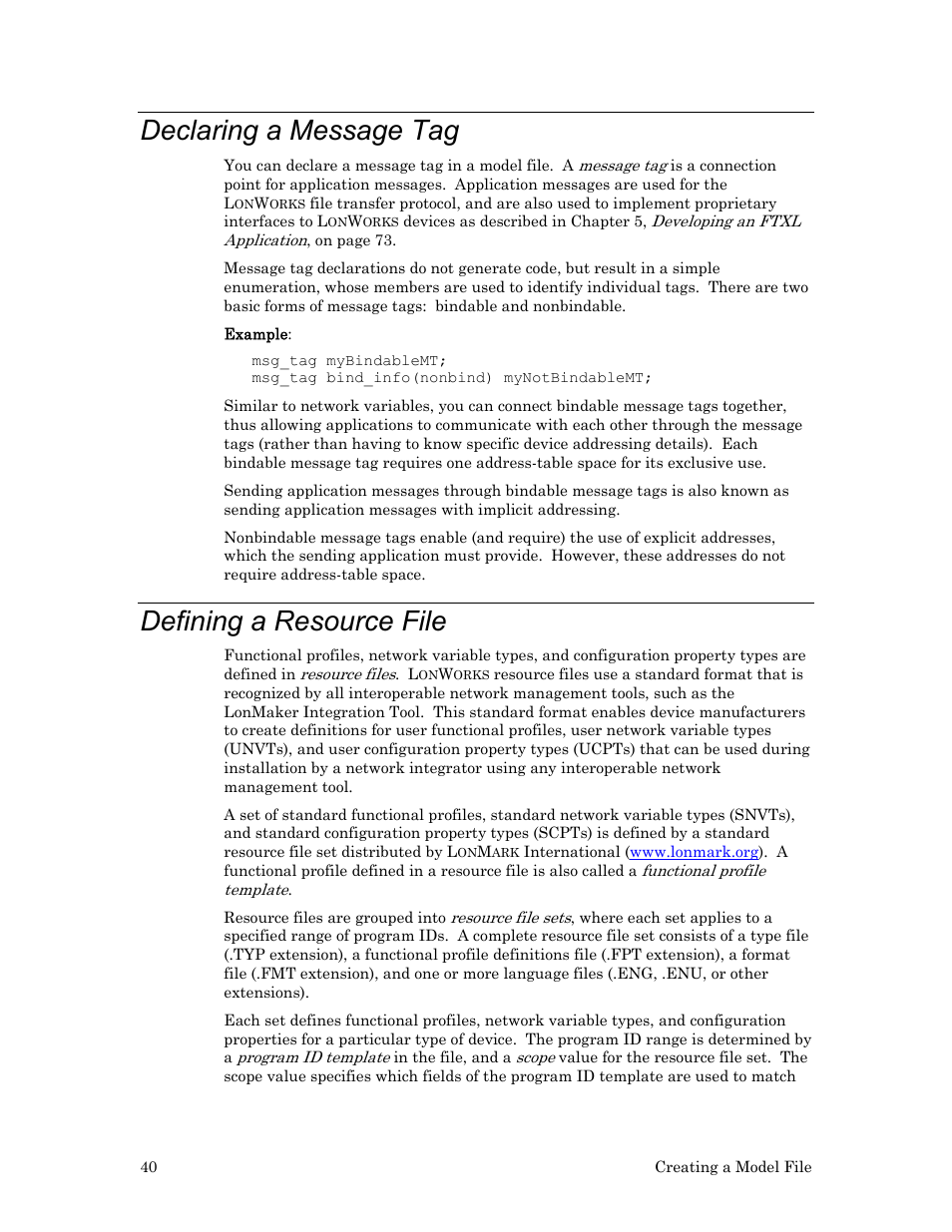 Declaring a message tag, Defining a resource file, You can find | 40, or you ca | Echelon FTXL User Manual | Page 52 / 261