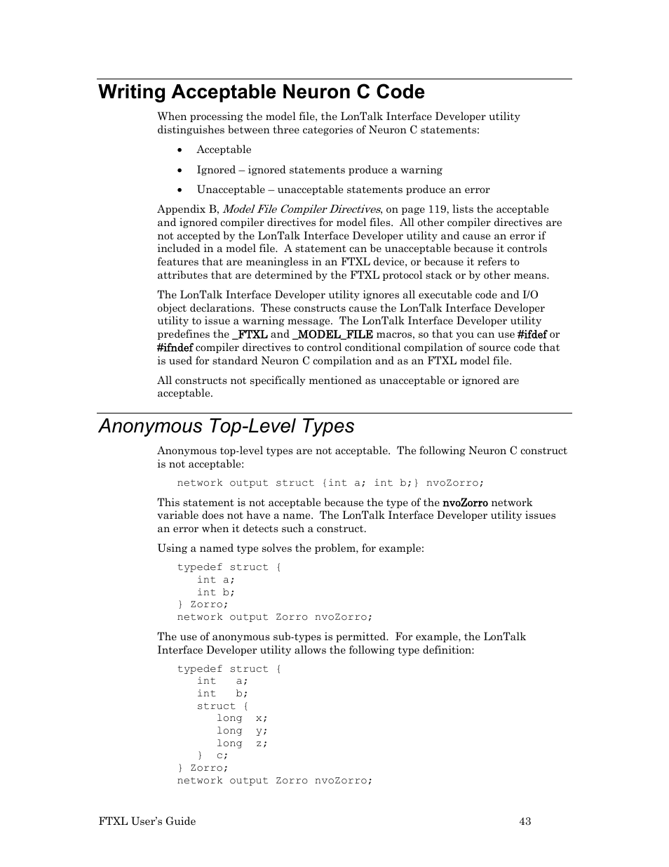 Writing acceptable neuron c code, Anonymous top-level types | Echelon FTXL User Manual | Page 55 / 261