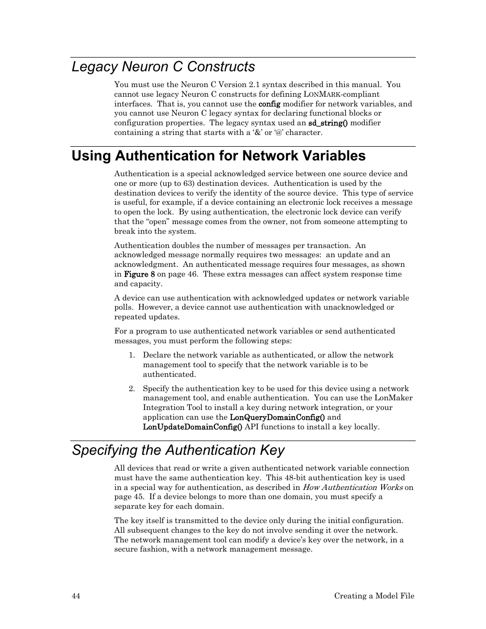 Legacy neuron c constructs, Using authentication for network variables, Specifying the authentication key | Echelon FTXL User Manual | Page 56 / 261