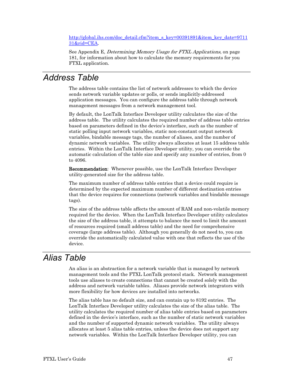 Address table, Alias table | Echelon FTXL User Manual | Page 59 / 261