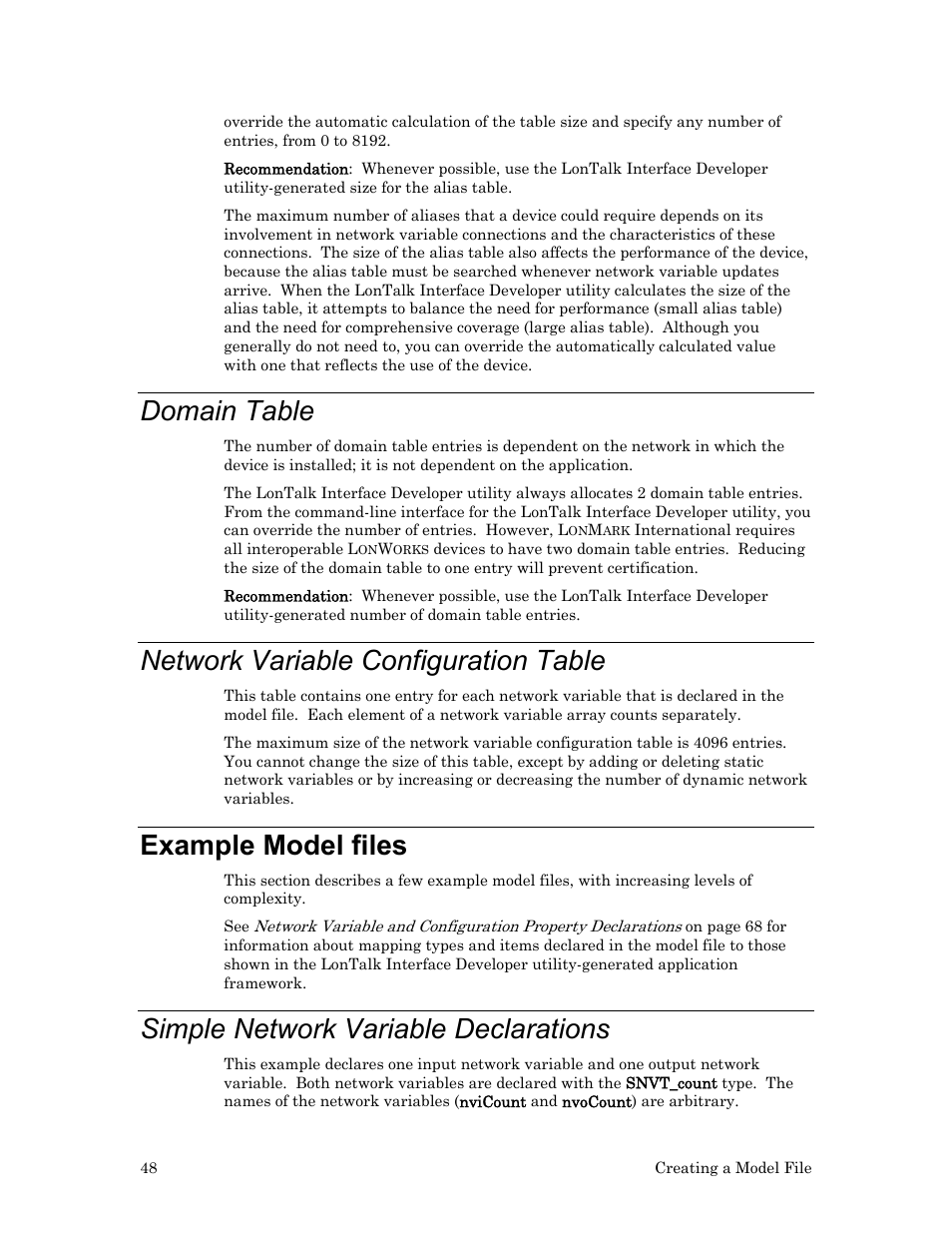 Domain table, Network variable configuration table, Example model files | Simple network variable declarations | Echelon FTXL User Manual | Page 60 / 261