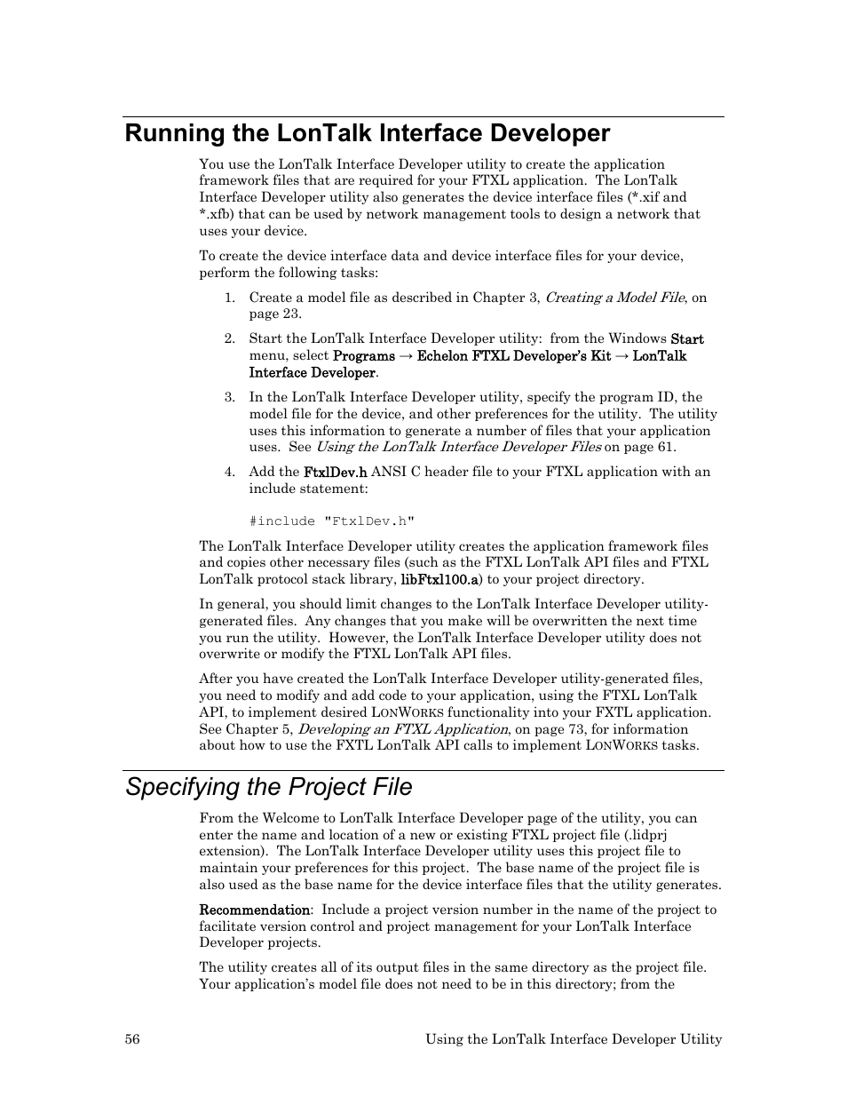 Running the lontalk interface developer, Specifying the project file | Echelon FTXL User Manual | Page 68 / 261