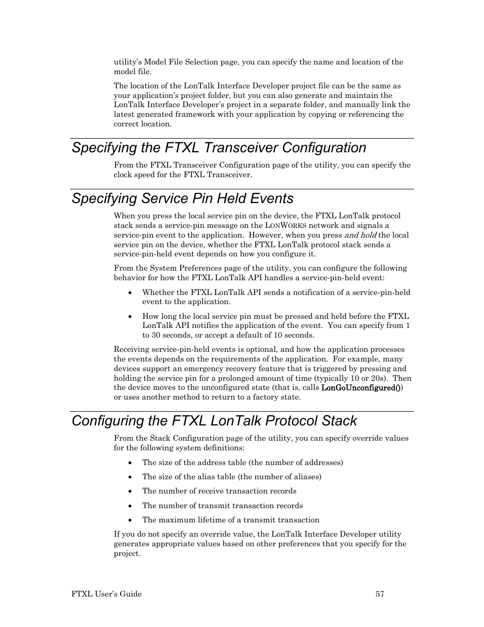 Specifying the ftxl transceiver configuration, Specifying service pin held events, Configuring the ftxl lontalk protocol stack | Echelon FTXL User Manual | Page 69 / 261