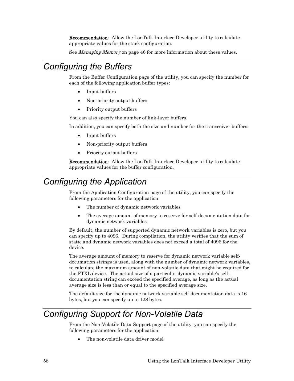 Configuring the buffers, Configuring the application, Configuring support for non-volatile data | Echelon FTXL User Manual | Page 70 / 261