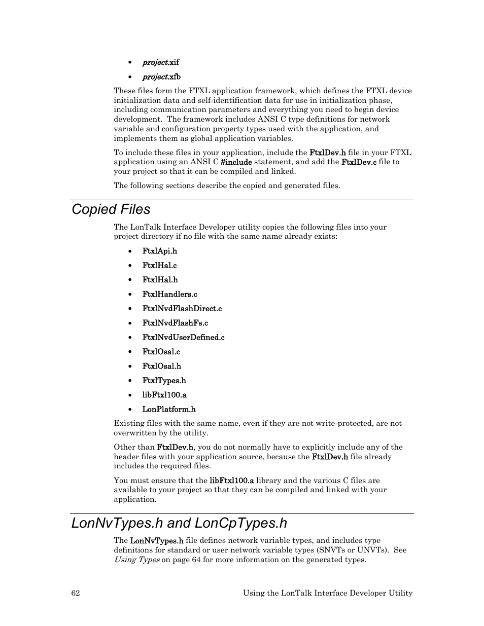 Copied files, Lonnvtypes.h and loncptypes.h | Echelon FTXL User Manual | Page 74 / 261