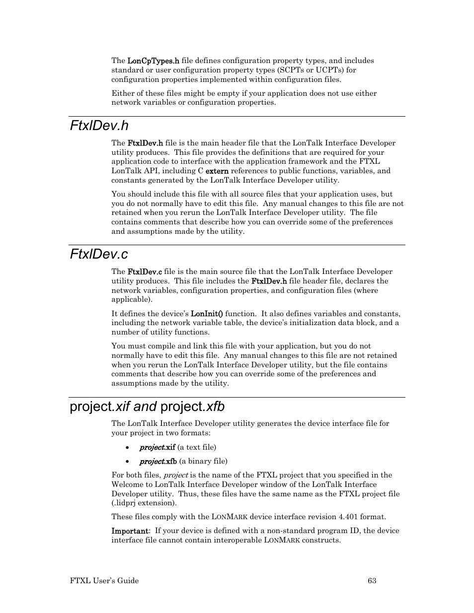 Ftxldev.h, Ftxldev.c, Project.xif and project.xfb | Project .xif and project .xfb | Echelon FTXL User Manual | Page 75 / 261