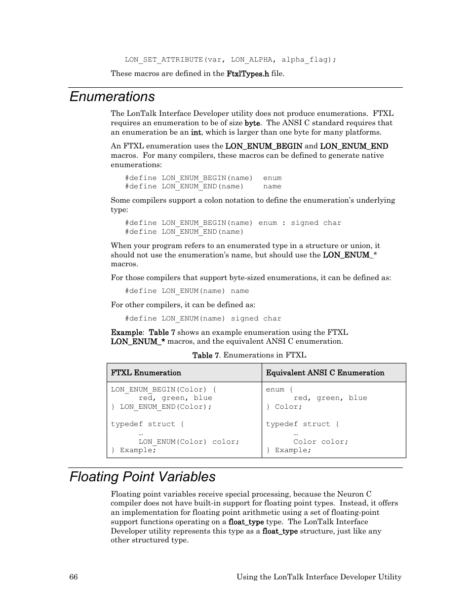 Enumerations, Floating point variables | Echelon FTXL User Manual | Page 78 / 261