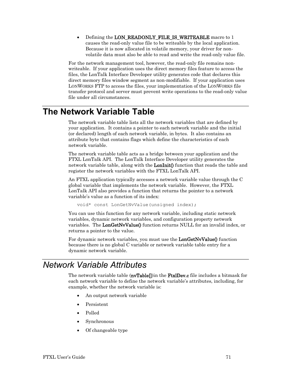 The network variable table, Network variable attributes | Echelon FTXL User Manual | Page 83 / 261