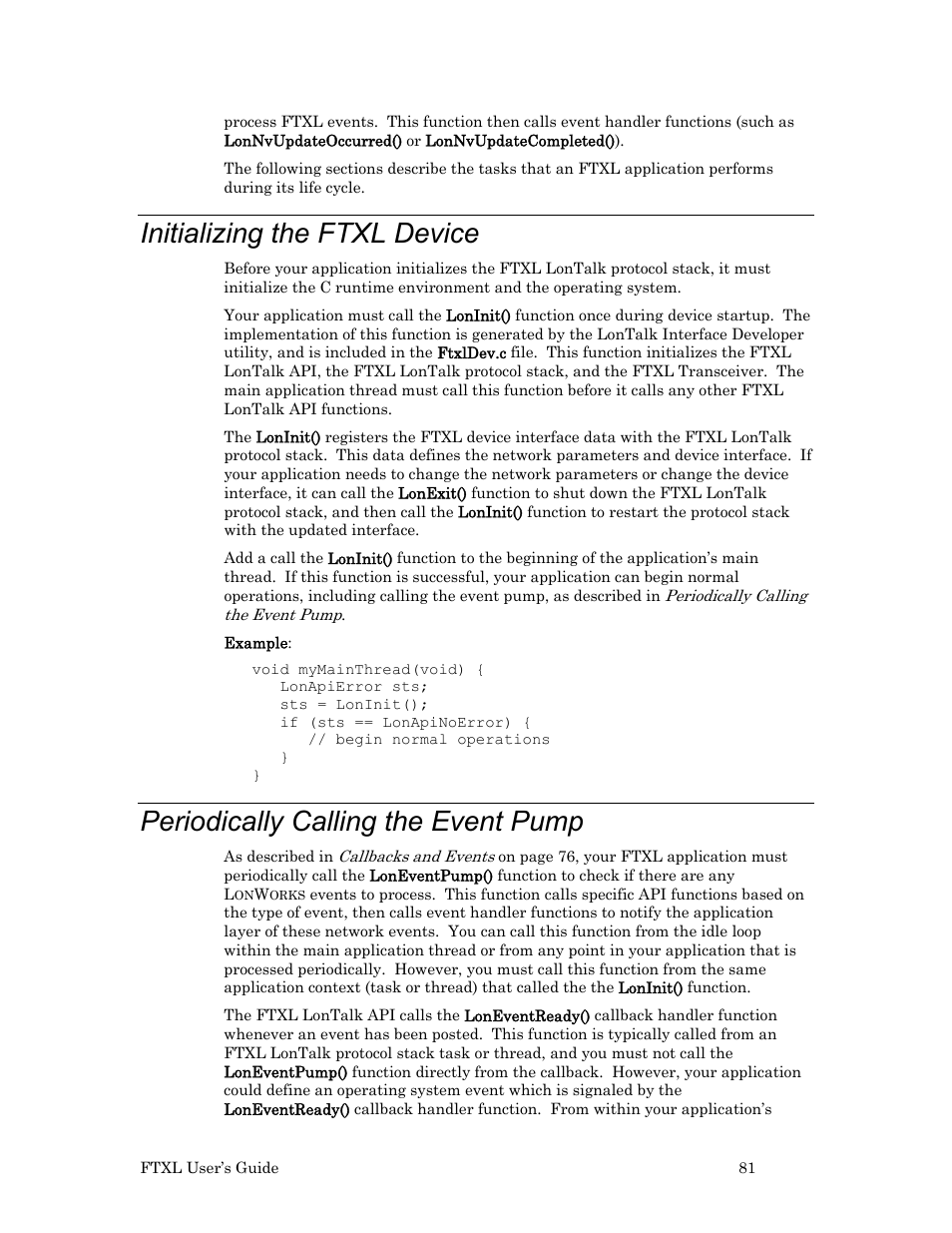 Initializing the ftxl device, Periodically calling the event pump | Echelon FTXL User Manual | Page 93 / 261