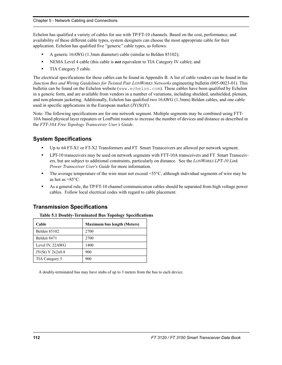 System specifications, Transmission specifications, System specifications transmission specifications | Echelon FT 3150 Smart Transceiver User Manual | Page 118 / 157