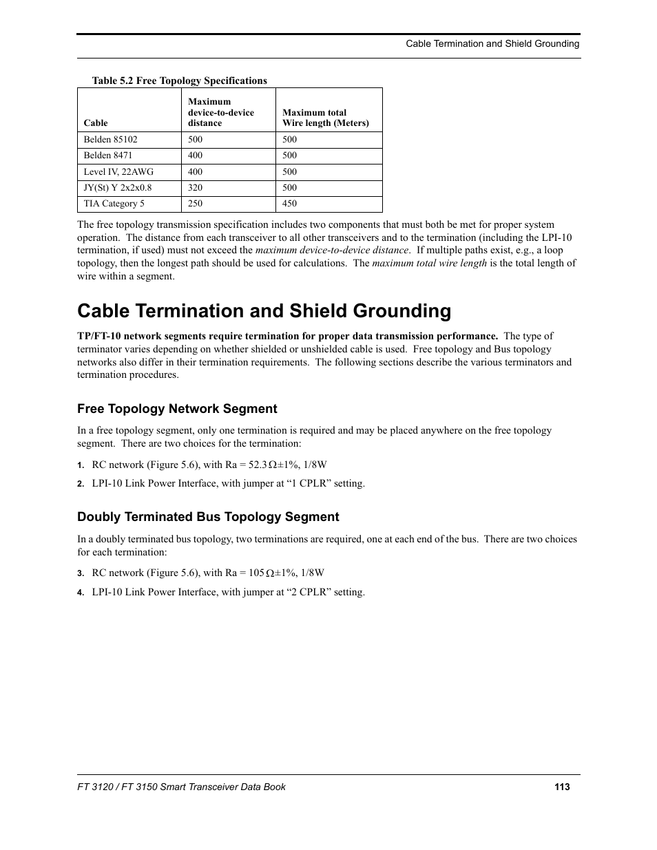 Cable termination and shield grounding, Free topology network segment, Doubly terminated bus topology segment | Echelon FT 3150 Smart Transceiver User Manual | Page 119 / 157