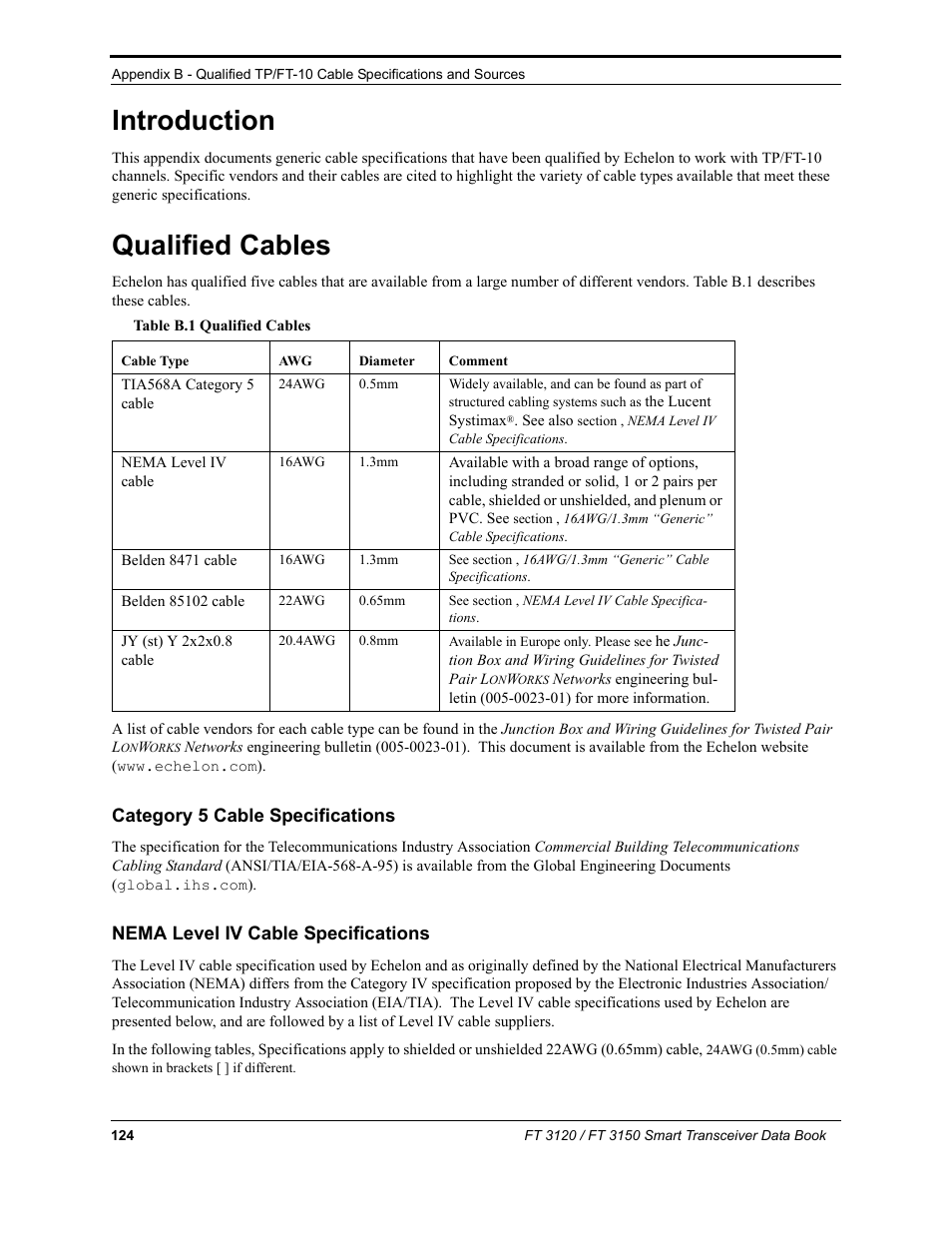 Introduction, Qualified cables, Category 5 cable specifications | Nema level iv cable specifications, Introduction qualified cables | Echelon FT 3150 Smart Transceiver User Manual | Page 130 / 157