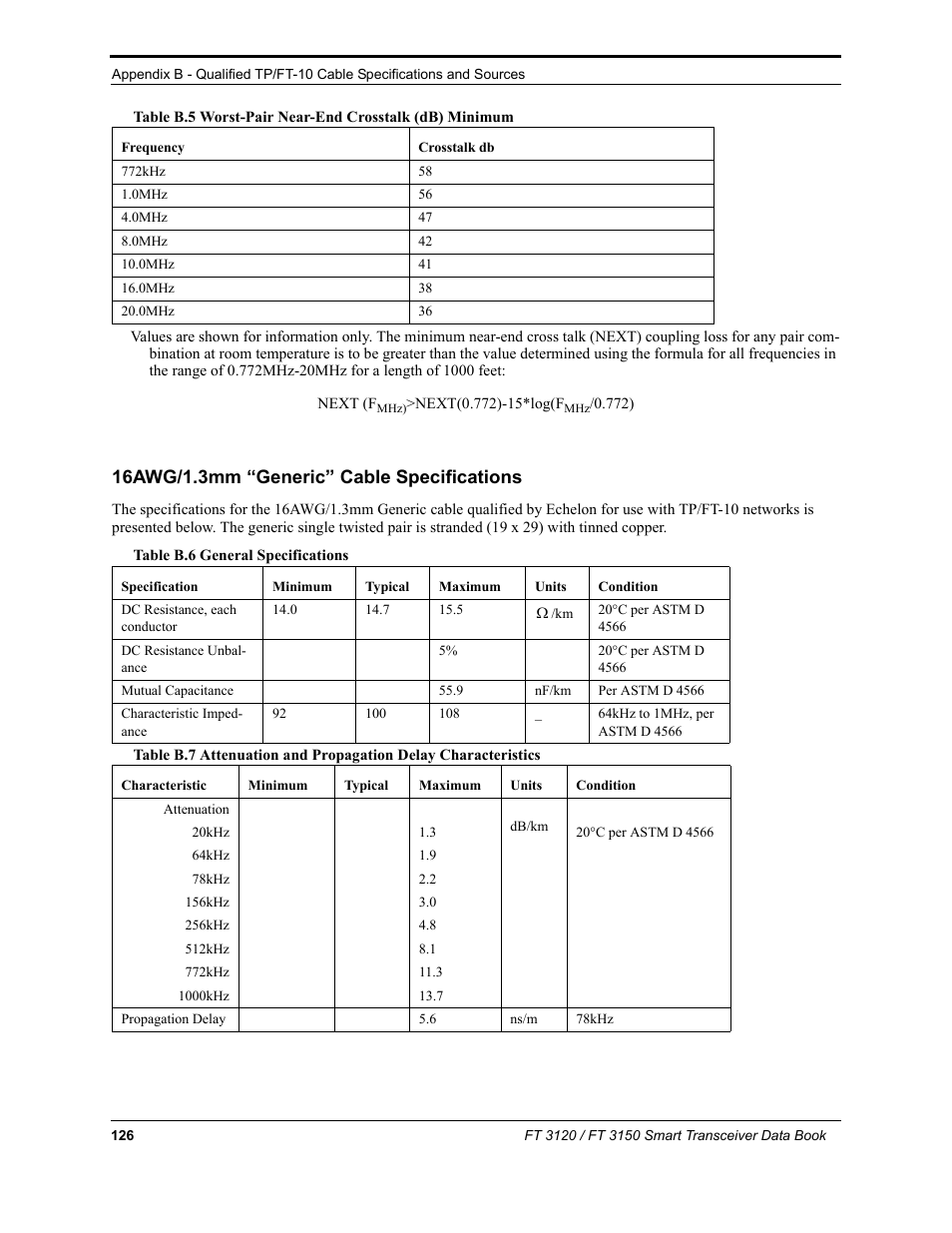 16awg/1.3mm “generic” cable specifications, Pvc. see, Section , 16awg/1.3mm “generic | Cable specifications | Echelon FT 3150 Smart Transceiver User Manual | Page 132 / 157