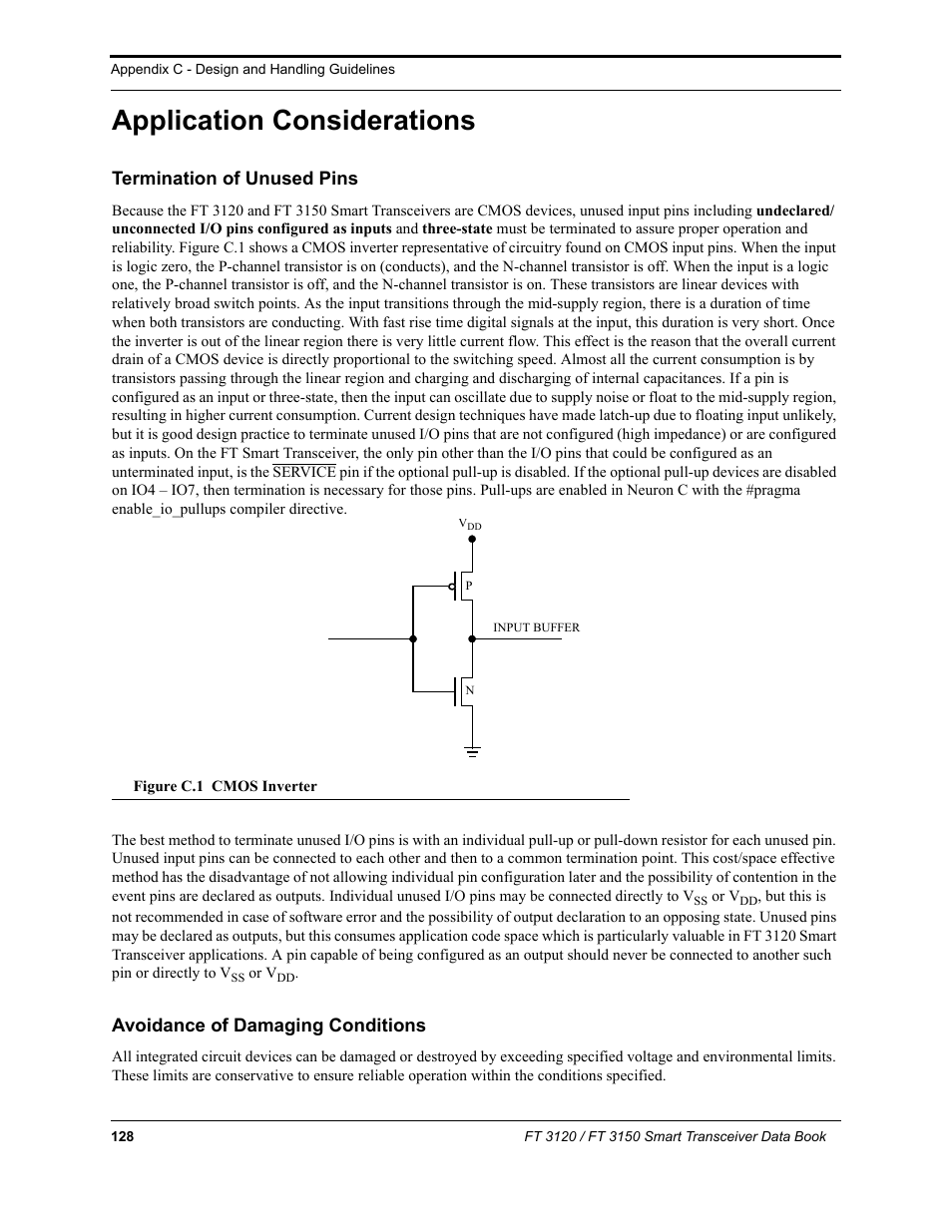 Application considerations, Termination of unused pins, Avoidance of damaging conditions | Echelon FT 3150 Smart Transceiver User Manual | Page 134 / 157