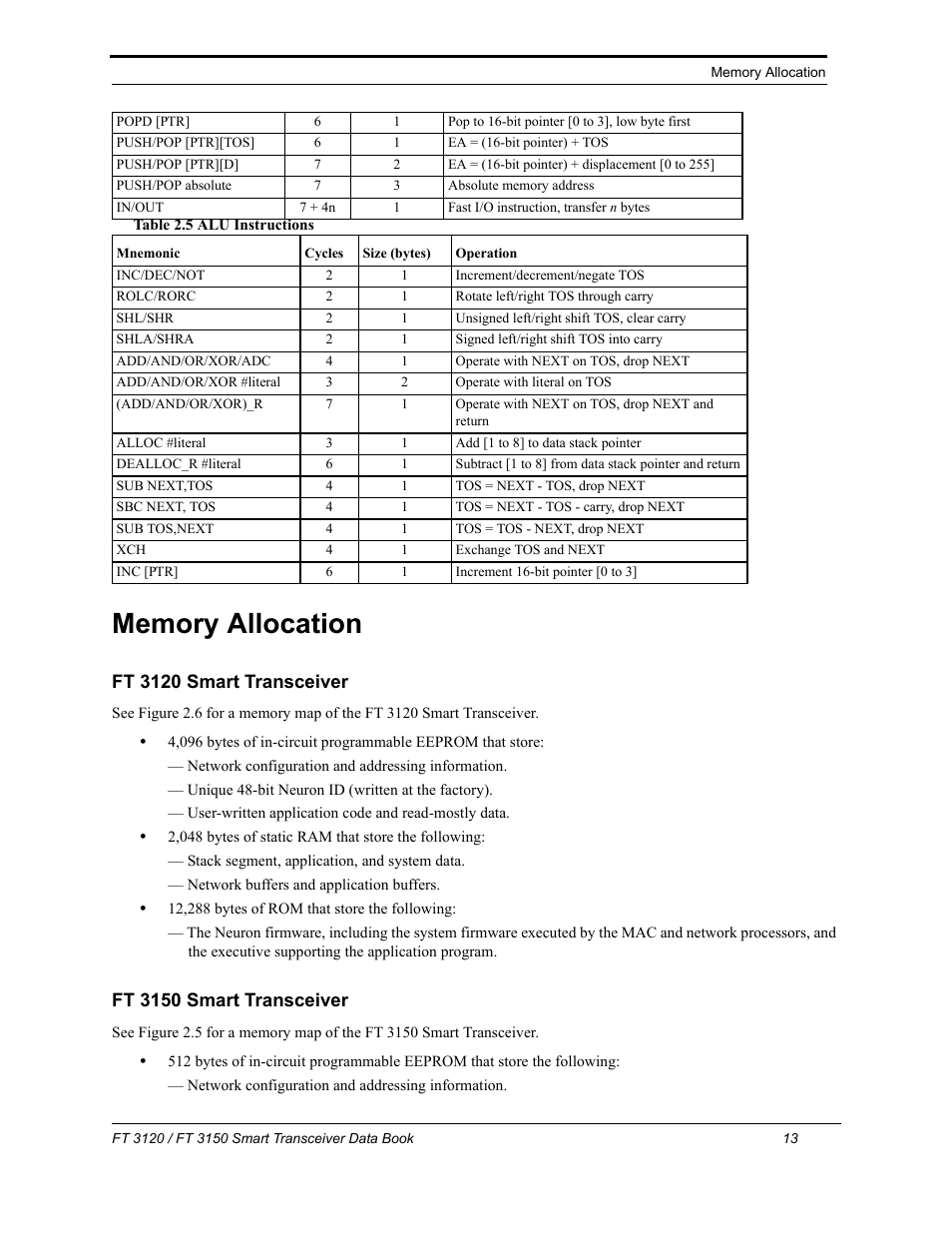 Memory allocation, Ft 3120 smart transceiver, Ft 3150 smart transceiver | Echelon FT 3150 Smart Transceiver User Manual | Page 19 / 157