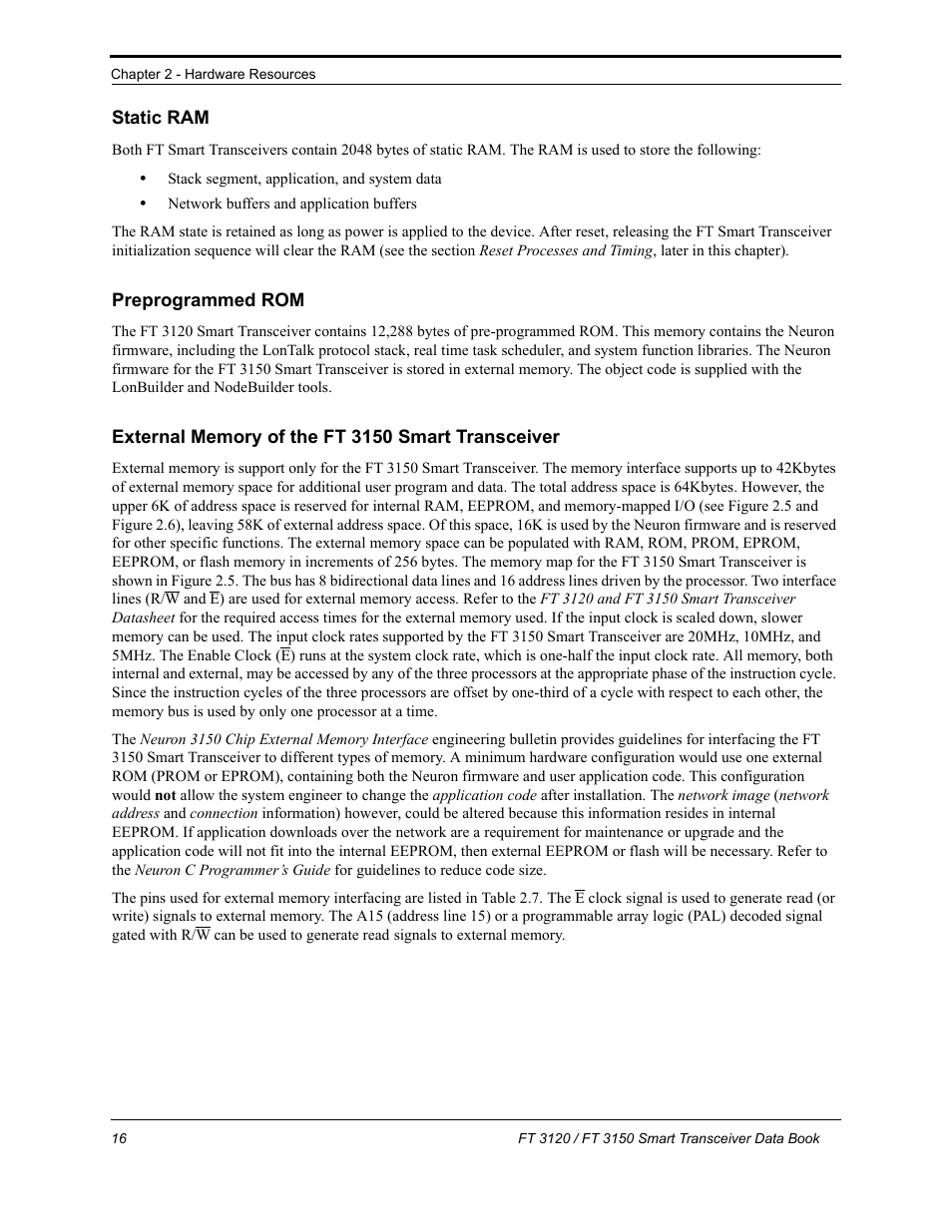 Static ram, Preprogrammed rom, External memory of the ft 3150 smart transceiver | Echelon FT 3150 Smart Transceiver User Manual | Page 22 / 157