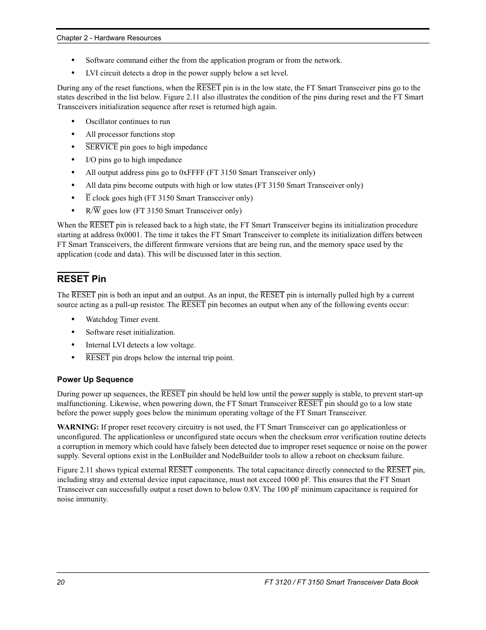Reset pin, Power up sequence, Reset | Echelon FT 3150 Smart Transceiver User Manual | Page 26 / 157