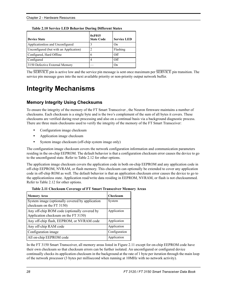 Integrity mechanisms, Memory integrity using checksums | Echelon FT 3150 Smart Transceiver User Manual | Page 34 / 157