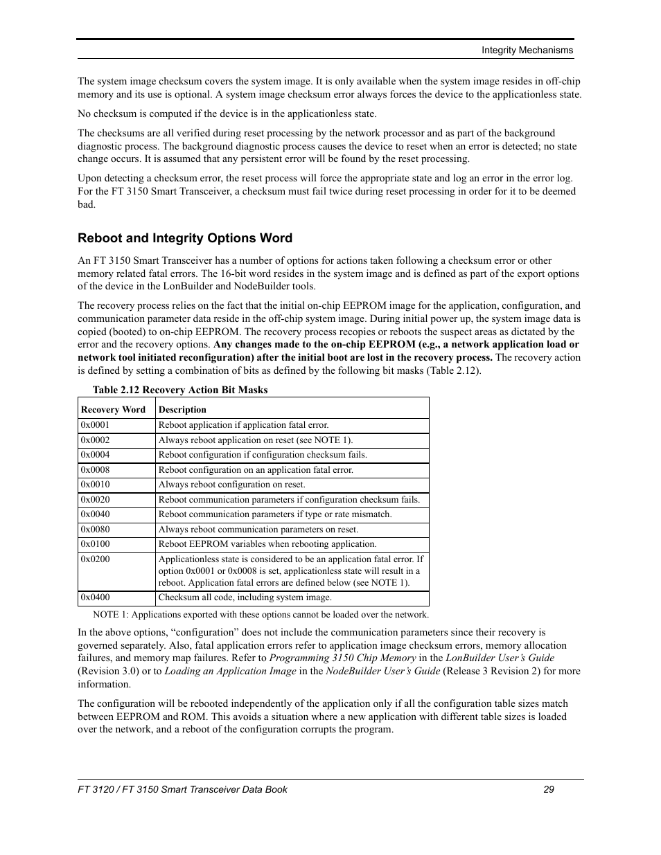 Reboot and integrity options word | Echelon FT 3150 Smart Transceiver User Manual | Page 35 / 157
