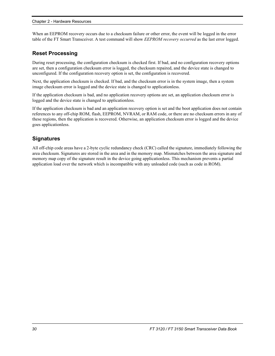 Reset processing, Signatures, Reset processing signatures | Echelon FT 3150 Smart Transceiver User Manual | Page 36 / 157