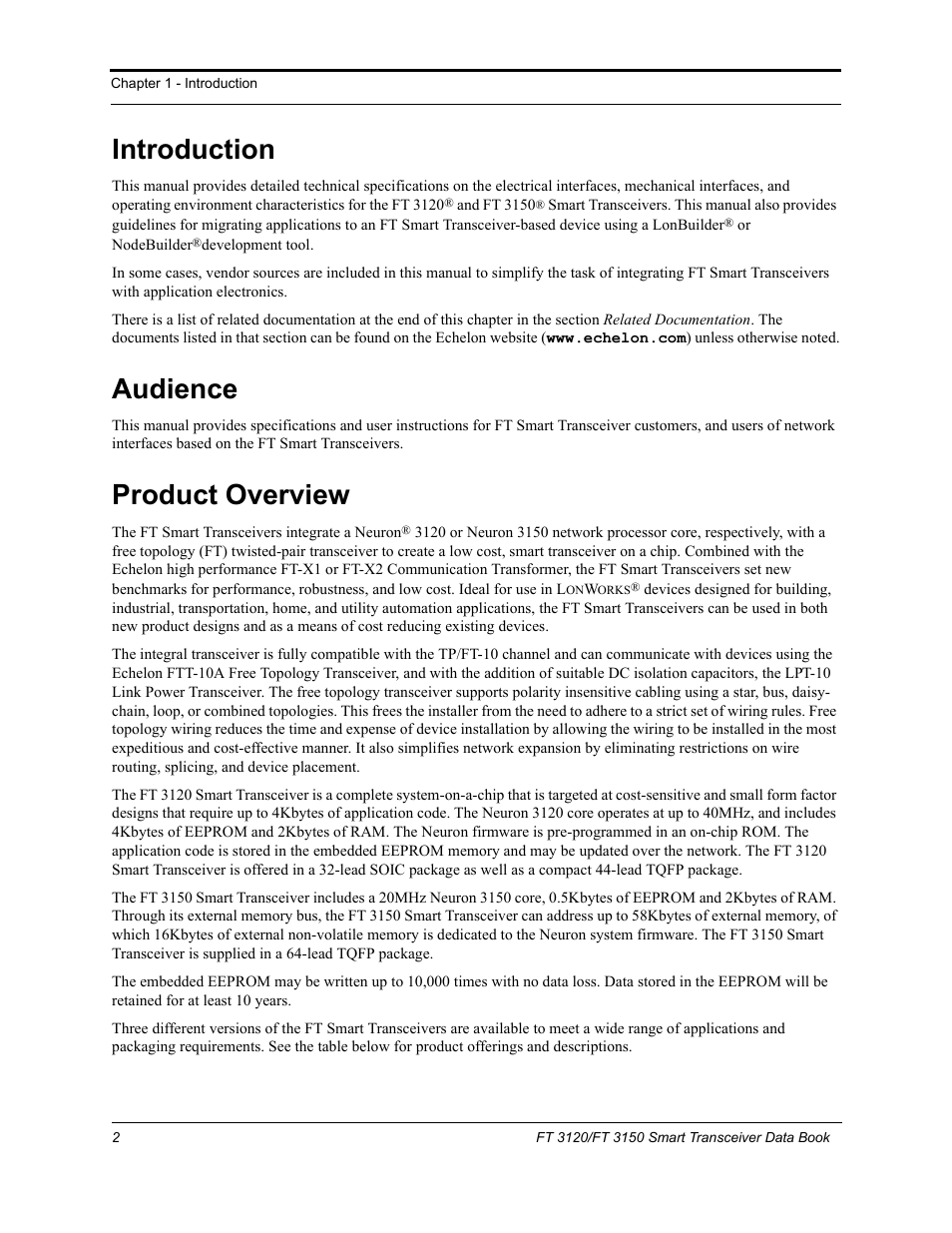Introduction, Audience, Product overview | Introduction audience product overview | Echelon FT 3150 Smart Transceiver User Manual | Page 8 / 157