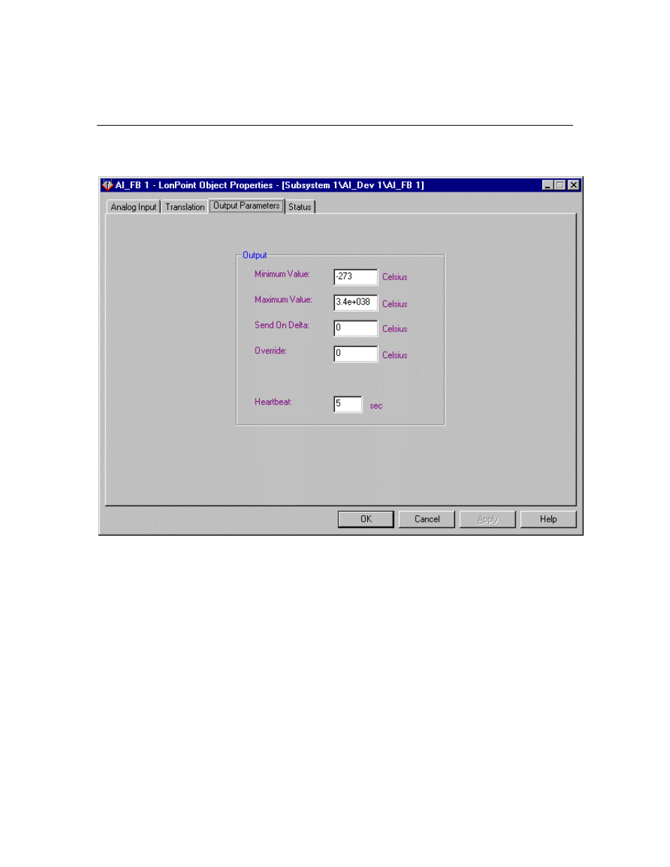 Output parameters | Echelon LonPoint Application and Plug-In User Manual | Page 62 / 191