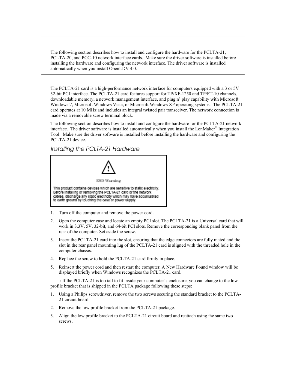 Installing the pcc/pclta network interface cards | Echelon PCLTA Network Interface User Manual | Page 10 / 24