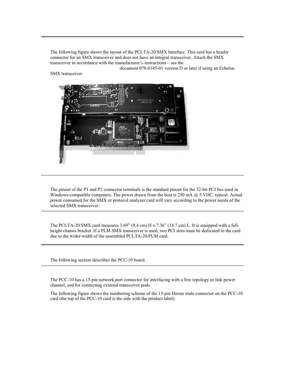 Pclta-20 board layout, P1 and p2 pci bus connector, Mechanical considerations | Pcc-10 board layout, Network port | Echelon PCLTA Network Interface User Manual | Page 20 / 24