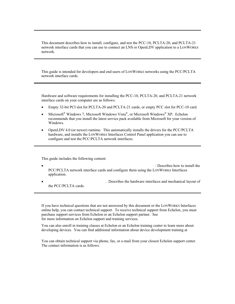 Purpose, Audience, Requirements | Content, For more information and technical support | Echelon PCLTA Network Interface User Manual | Page 6 / 24